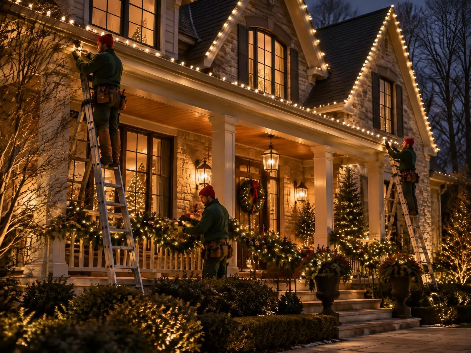 Holiday lighting crew installing Christmas lights on a Nashville home