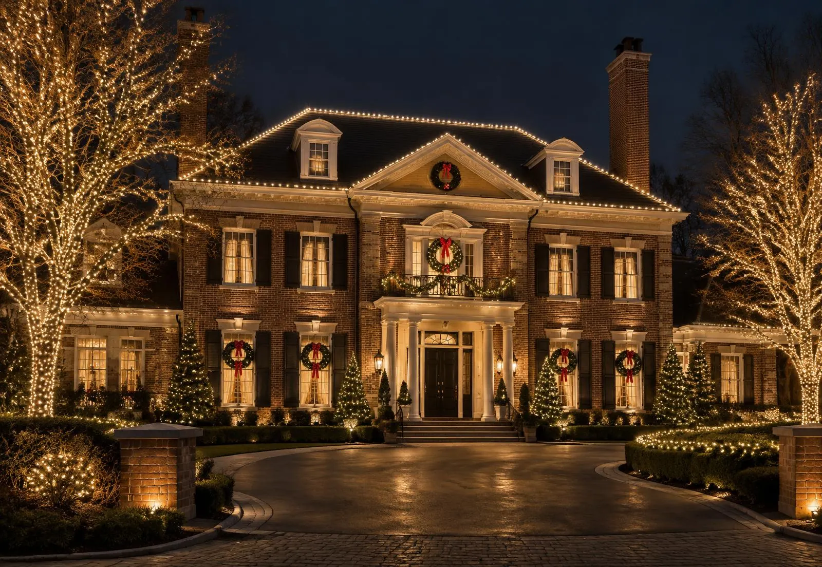 Georgian estate with illuminated trees
